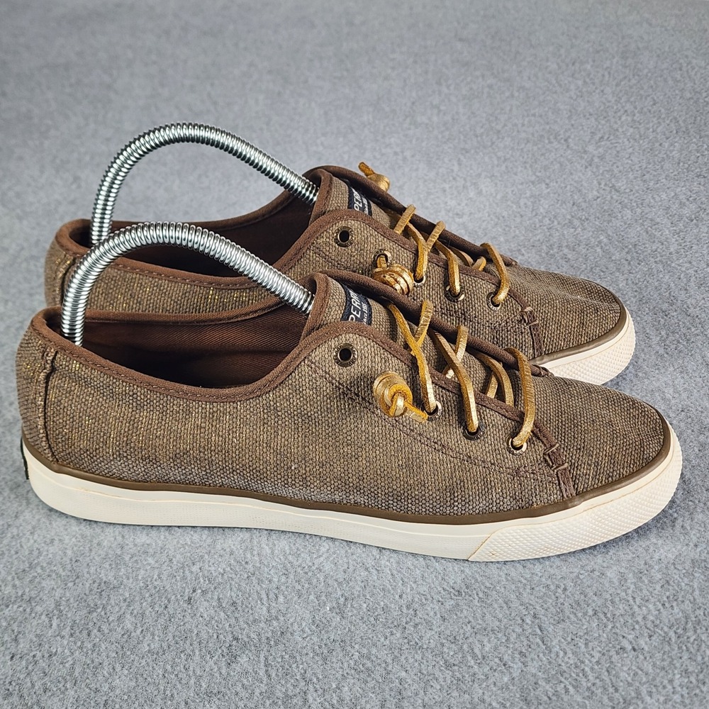 Sperry Top Siders Sneakers Women's 9M Brown Gold Canvas Boat Shoes Slip-on - Picture 6 of 9